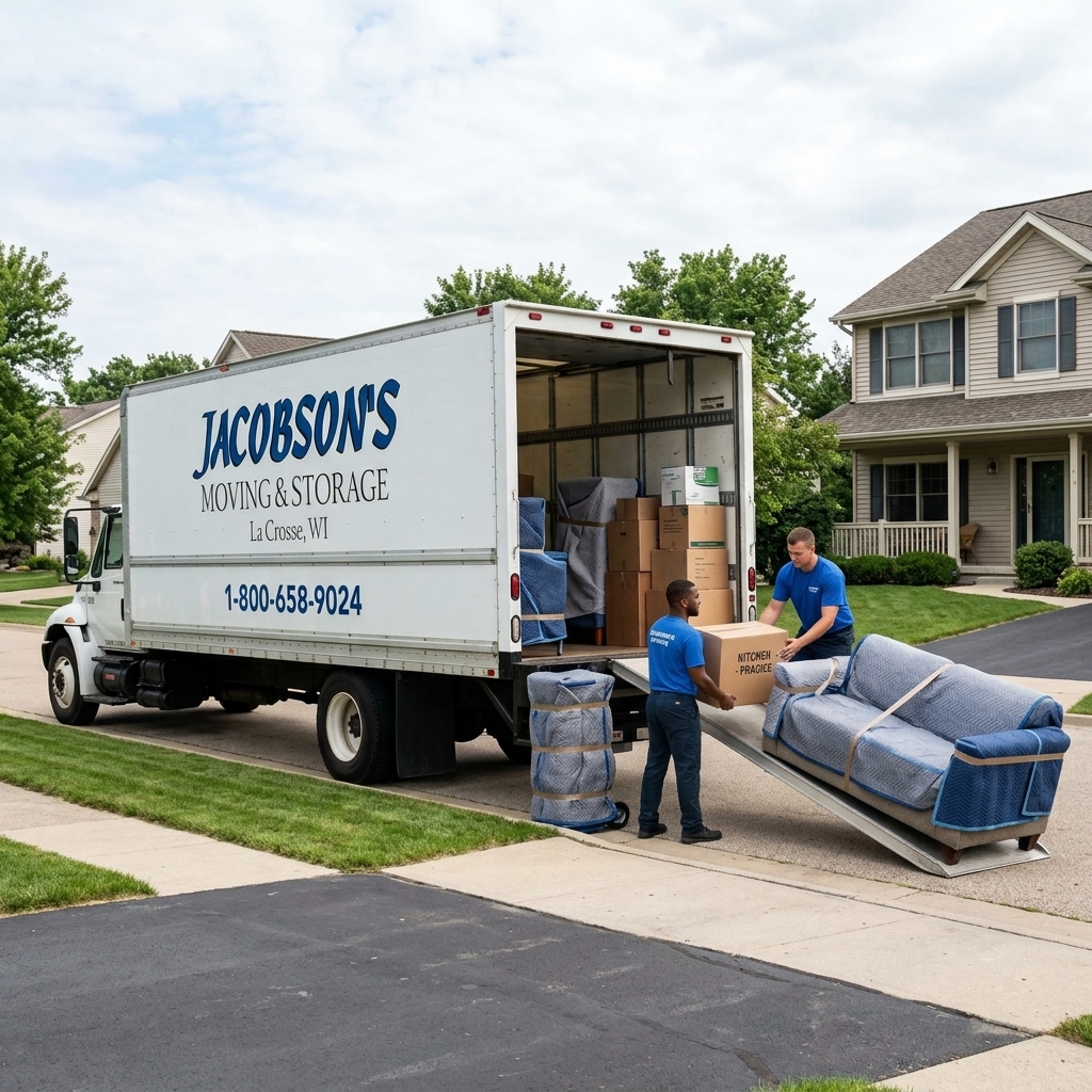 Jacobson's Moving & Storage truck being loaded with boxes and padded furniture in front of a home